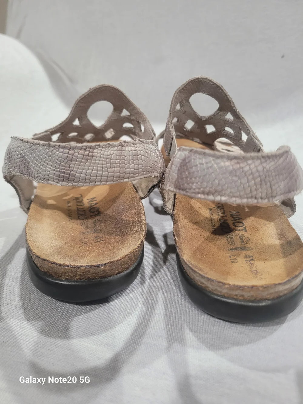 Naot Taupe Metallic Snake Print Laser Cut Slingback Sandals Size 41 / L10
